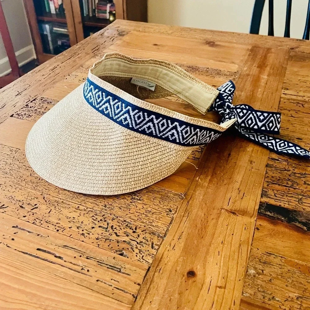NWT Sea & Grass straw visor with ribbon tie one size packable natural blue white